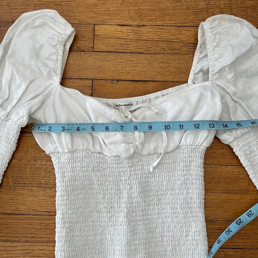Reformation Haven White Smocked Linen Puff Sleeve Top Size M